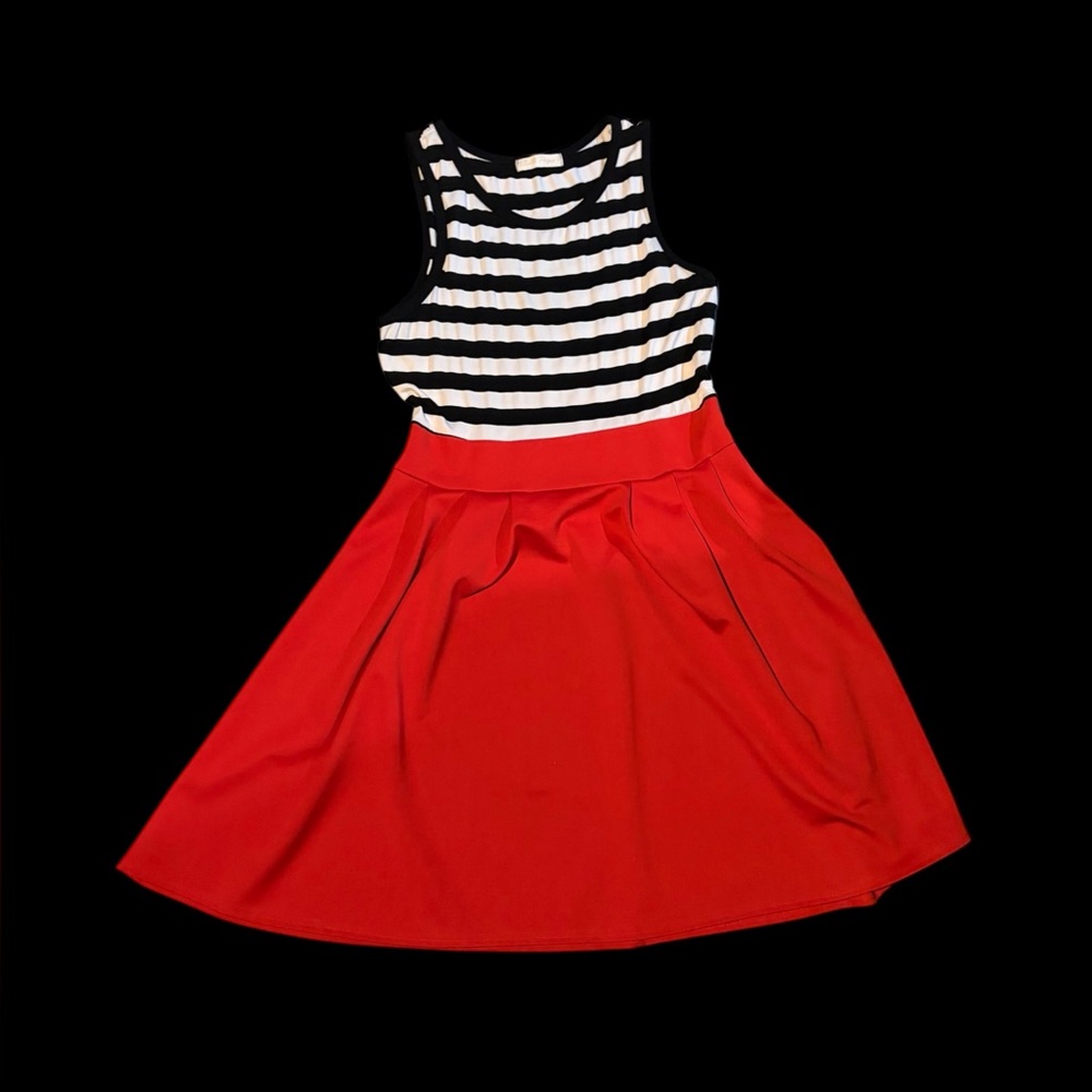 Striped Black and White Top with Red Skirt Dress - Picture 2 of 13